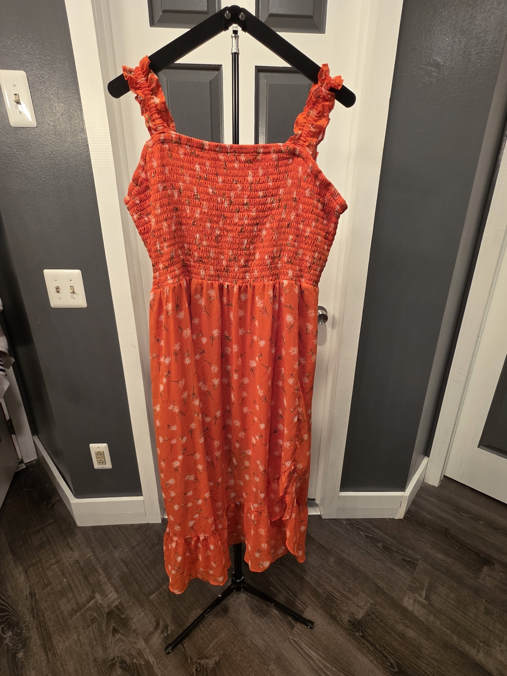 Maurices Orange Floral Maxi Dress with Smocked Bodice